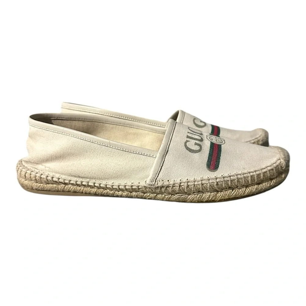 Gucci Canvas Slip-On Espadrilles with Green and Red Web Cream Size 40.5